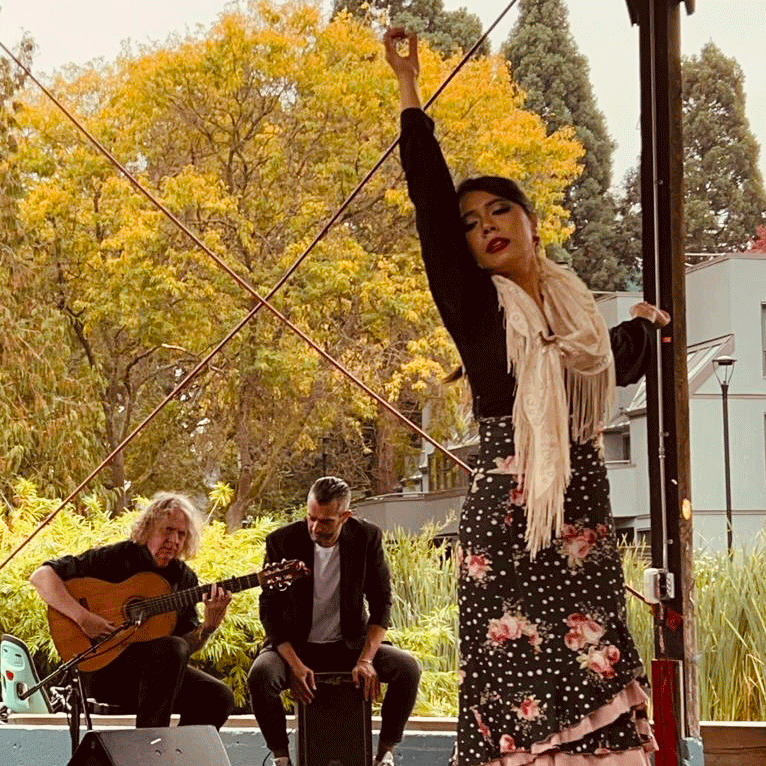 Yurie Kaneko mid performance on an outdoor stage. She is wearing a flamenco skirt and shawl and there are musicians sitting on the stage behind her.